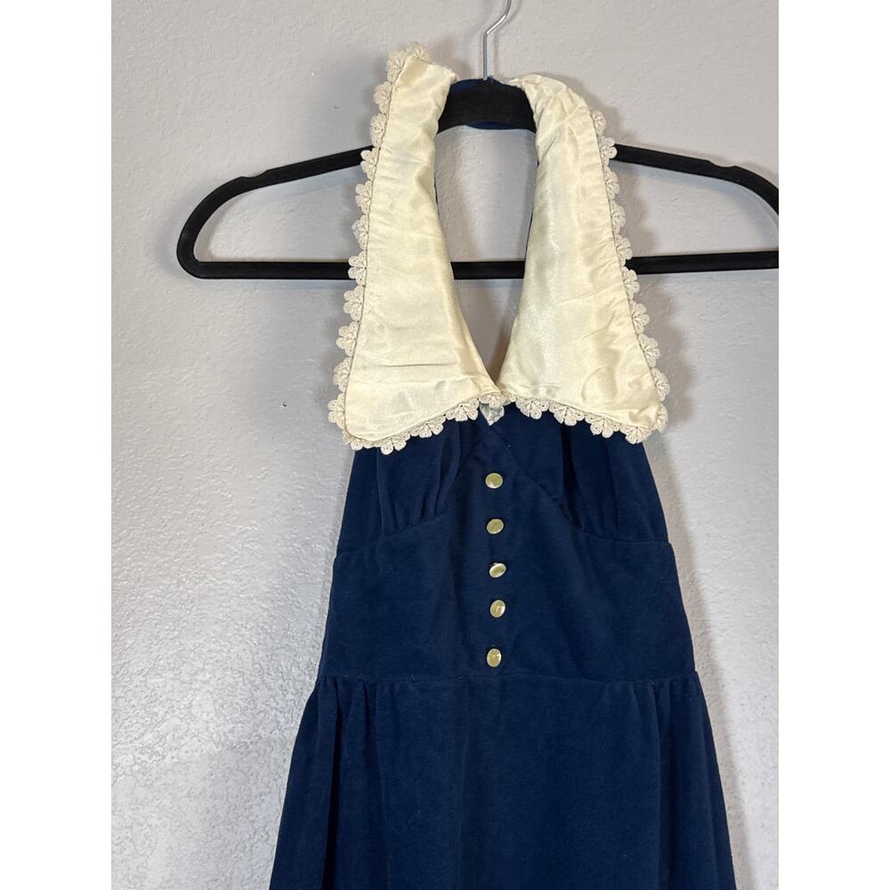 Vintage Navy Blue Halter Dress Lace Collar Cottage Luxe Small 7 Velour Victorian - Picture 4 of 7